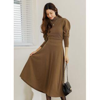 Puff-sleeve Mock-neck Long Dress