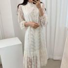 Long-sleeve Crochet Lace Dress White - One Size
