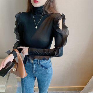 Turtleneck Ruffled Cold-shoulder Long-sleeve Top