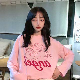Printed Long-sleeve Cropped Top Pink - One Size