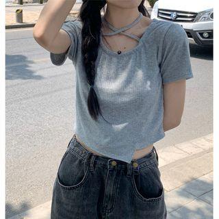 Short-sleeve Irregular T-shirt Gray - One Size