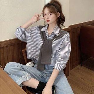 Set: Short-sleeve Striped Shirt + Shawl