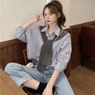 Set: Short-sleeve Striped Shirt + Shawl