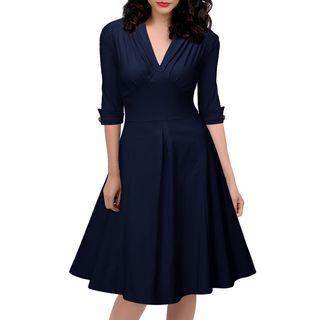 3/4-sleeve V-neck Midi Dress