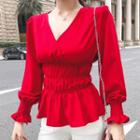 V-neck Smocked Long-sleeve Blouse Red - One Size