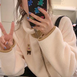High-neck Bear Embroidered Fleece Zip Jacket