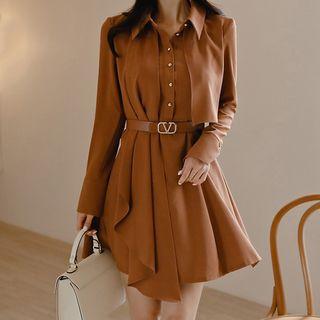 Long-sleeve Asymmetric Ruffled Mini Shirt Dress