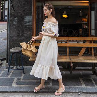 Tassel-front Embroidered Midi Dress