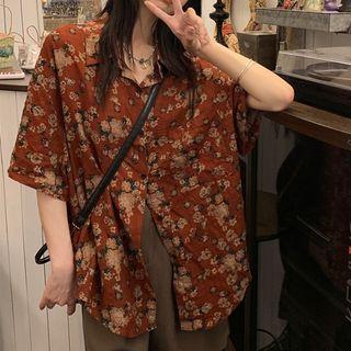 Elbow-sleeve Floral Print Shirt Floral - Tangerine Red - One Size
