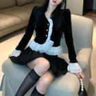 Long-sleeve Frill Trim Velvet Top / Mini Pleated Skirt