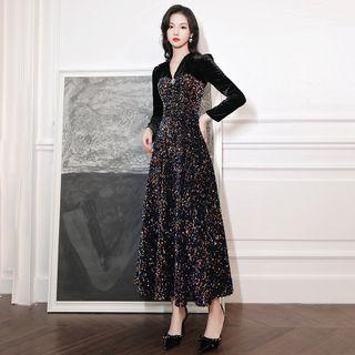 Long-sleeve Velvet Panel Sequined Evening Dress