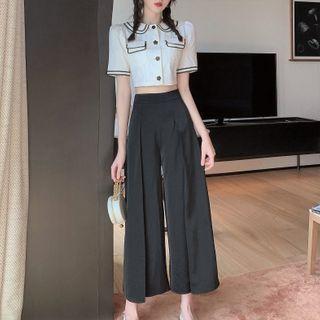 Short-sleeve Contrast Trim Shirt / Wide-leg Pants