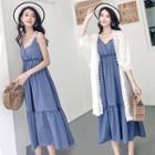 Set: Lace Trim Open Front Jacket + V-neck Midi Spaghetti Strap Dress