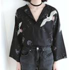 3/4-sleeve Crane Print Blouse As Shown In Figure - One Size