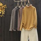 Crochet Trim Mock-turtleneck Long-sleeve Striped T-shirt