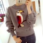Fuax-fur Trim Bird Pattern Sweatshirt