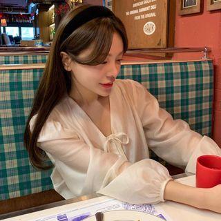 Long-sleeve Bow-front V-neck Blouse Almond - One Size