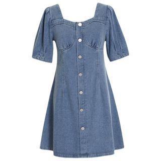 Short-sleeve Square-neck A-line Denim Dress