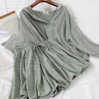 Set: Plain Hoodie + Drawstring-waist Wide-leg Shorts