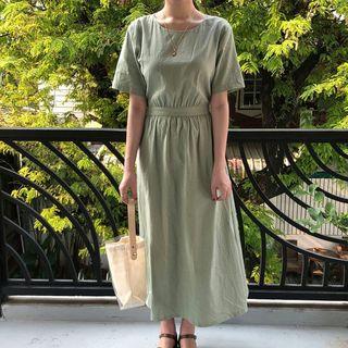 Short-sleeve Tie Back Midi Dress Green - One Size