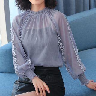 Chiffon Flower Accent Long-sleeve Blouse