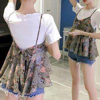 Set: Plain Short-sleeve T-shirt + Floral Camisole Top