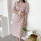 Elbow-sleeve Floral Print Dress Beige - One Size