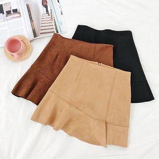 Plain High-waist Faux Suede Ruffled-trim A-line Skirt
