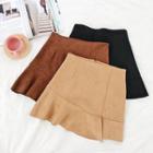 Plain High-waist Faux Suede Ruffled-trim A-line Skirt