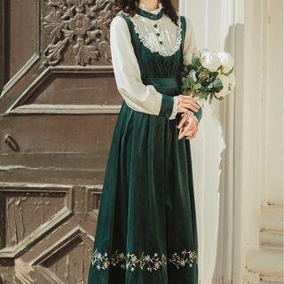 Long-sleeve Lace Panel Floral Embroidered Midi A-line Dress