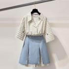 Set: Window Pane Elbow Sleeve Shirt Dress + Denim A-line Skirt