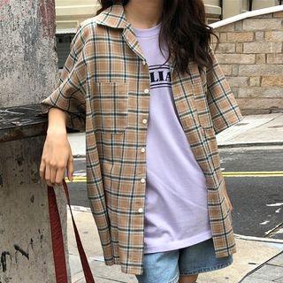 Elbow-sleeve Plaid Shirt Khaki - One Size