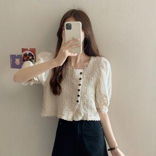 Short-sleeve Floral Pattern Knit Panel Top