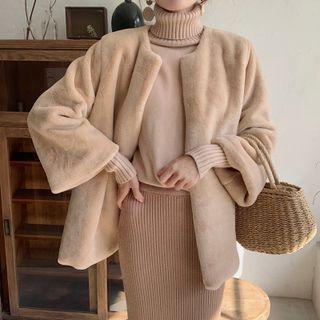 Open Front Fluffy Jacket Khaki - One Size