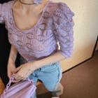 Lace Puff-sleeve Slim-fit Top Top - Purple - One Size