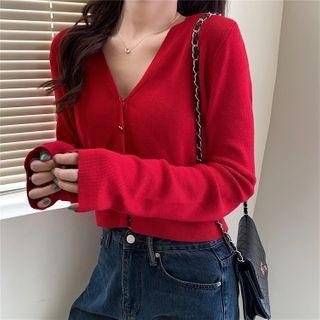 Heart Button Cropped Knit Cardigan