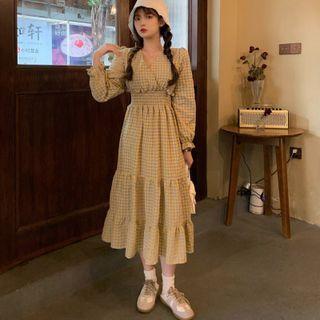Long-sleeve V-neck Plaid Midi A-line Dress Yellow - One Size