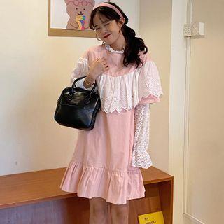 Lace Long-sleeve Top / Eyelet Lace Panel Short-sleeve Dress