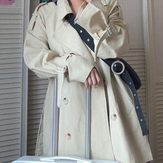 Long-sleeve Plain Double-breasted Jacket Almond - One Size