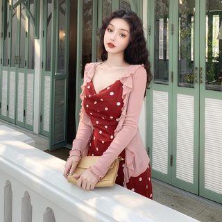Spaghetti Strap Polka Dot A-line Midi Dress / Ruffled Light Jacket