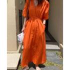 Short-sleeve V-neck Midi Smock Dress Tangerine - One Size