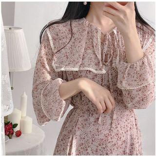 Lace Trim Sailor Collar Floral Print Chiffon Dress