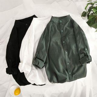 Stand-collar Elbow-sleeve Plain Shirt