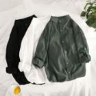 Stand-collar Elbow-sleeve Plain Shirt