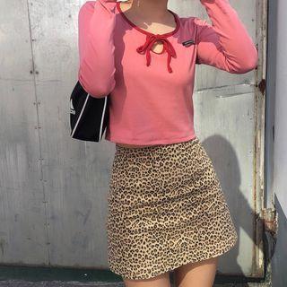 Long-sleeve Bow Detail T-shirt Cherry Pink - One Size