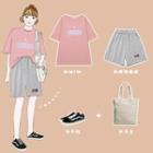 Lettering Short-sleeve T-shirt / Embroidered Shorts