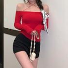 Long-sleeve Halter Crisscross Top Red - One Size