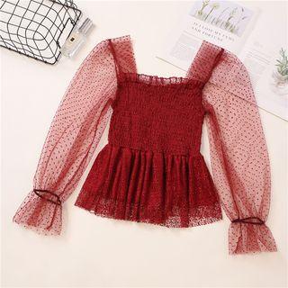 Dotted Mesh-sleeve Smocked Lace Blouse