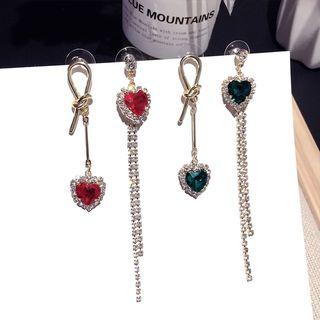 Non-matching Rhinestone Heart Fringe Dangle Earring