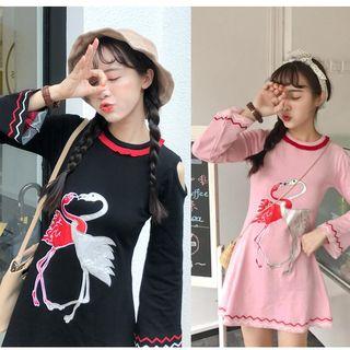 Flamingo Embroidered Long Sleeve Knit Dress